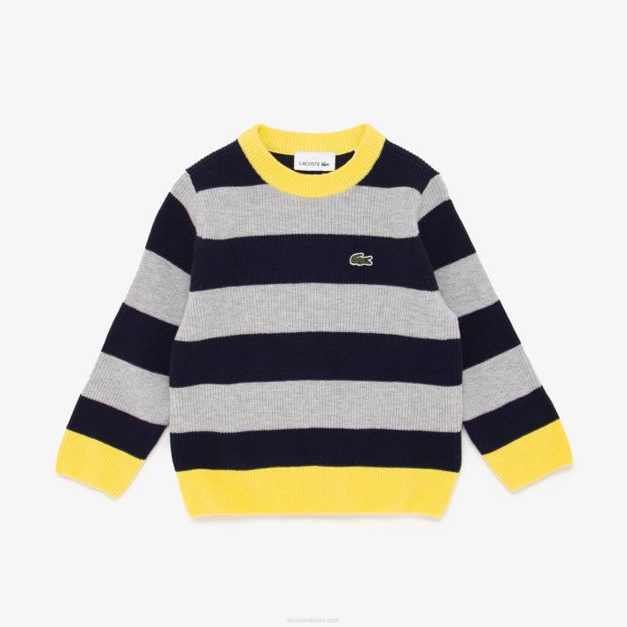Lacoste Contrast Collar Striped Cotton Sweater 646T3251 Grey Chine Navy Blue Yellow 7WR Boys