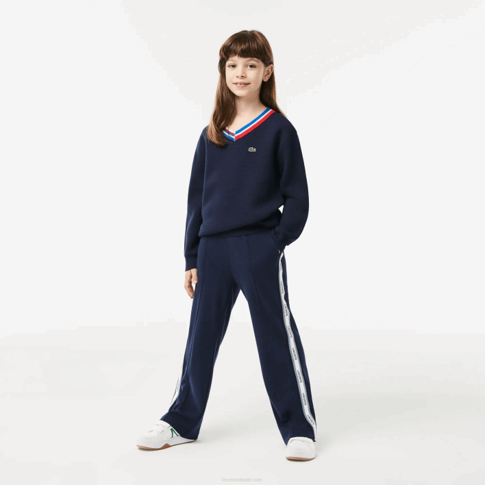 Lacoste Contrast Striped Neck Cotton Sweater 646T3284 Navy Blue White QRN Kids