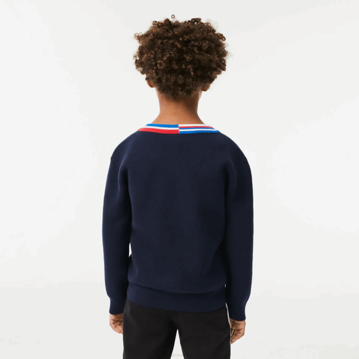 Lacoste Contrast Striped Neck Cotton Sweater 646T3284 Navy Blue White QRN Kids