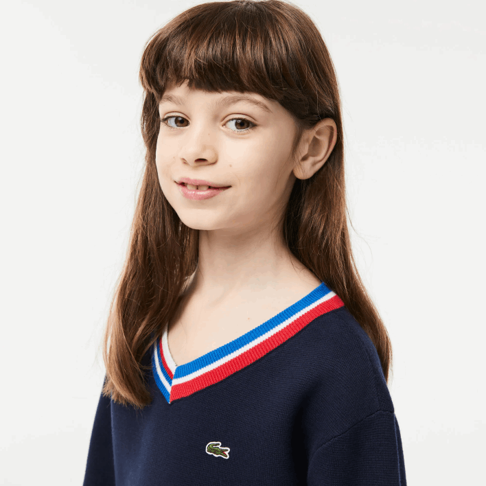 Lacoste Contrast Striped Neck Cotton Sweater 646T3284 Navy Blue White QRN Kids