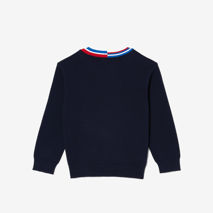 Lacoste Contrast Striped Neck Cotton Sweater 646T3284 Navy Blue White QRN Kids