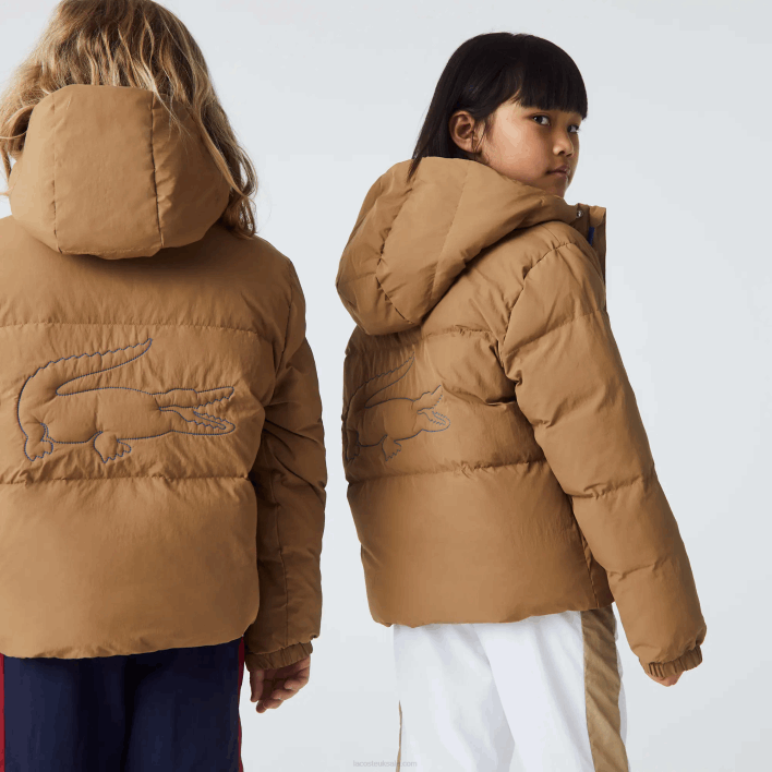 Lacoste Crocodile Embroidery Hooded Taffeta Jacket 646T3222 Brown Blue 9FG Kids