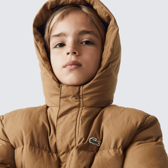 Lacoste Crocodile Embroidery Hooded Taffeta Jacket 646T3222 Brown Blue 9FG Kids