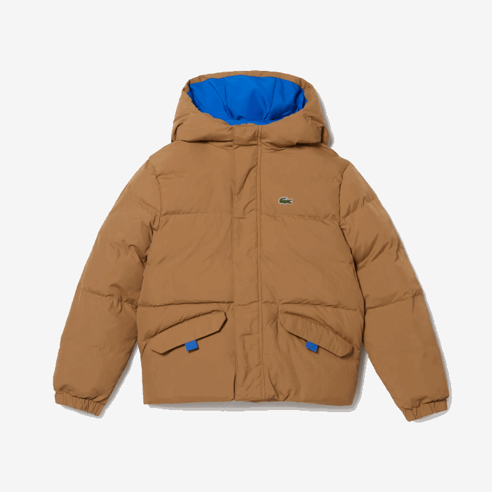 Lacoste Crocodile Embroidery Hooded Taffeta Jacket 646T3222 Brown Blue 9FG Kids