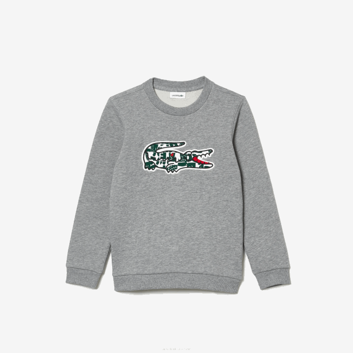 Lacoste Heritage Crocodile Crew Neck Cotton Fleece Sweatshirt 646T3255 Grey Chine White Green JND Kids