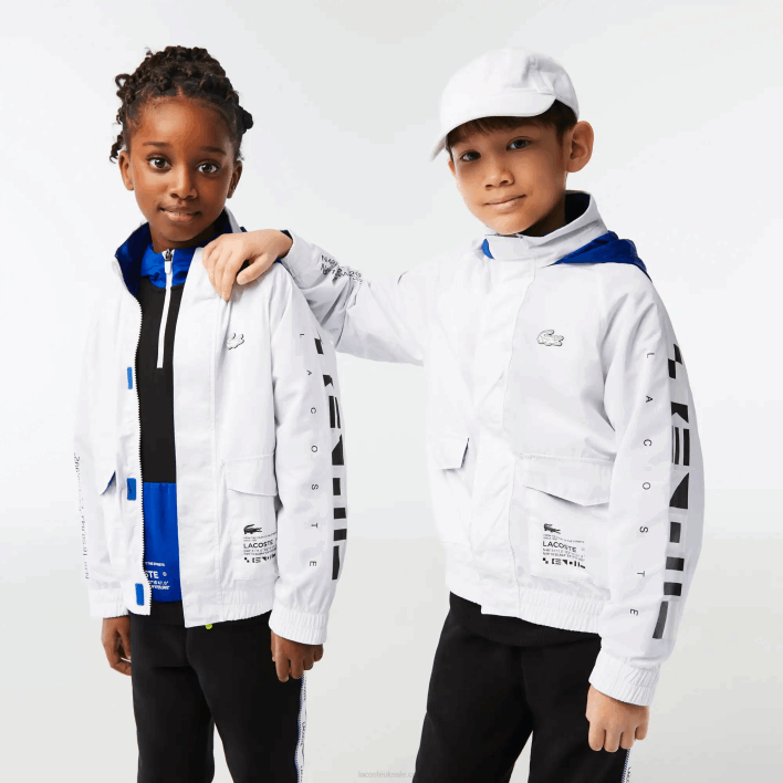 Lacoste Removable Hood Water-Repellent Jacket 646T3240 White Blue Black 9CW Kids