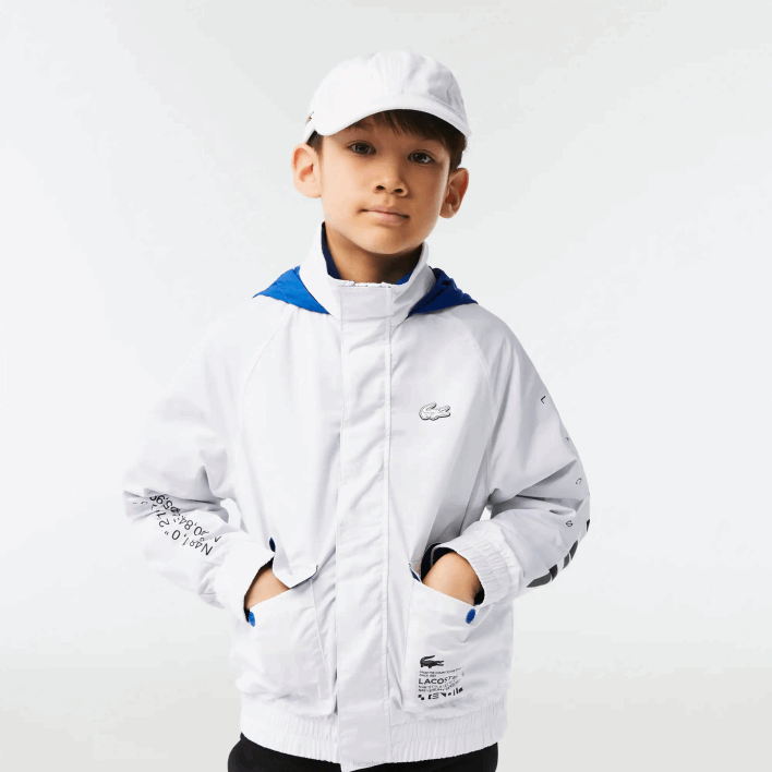Lacoste Removable Hood Water-Repellent Jacket 646T3240 White Blue Black 9CW Kids