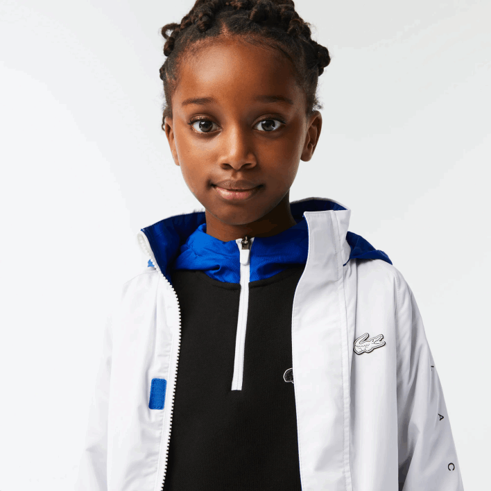 Lacoste Removable Hood Water-Repellent Jacket 646T3240 White Blue Black 9CW Kids