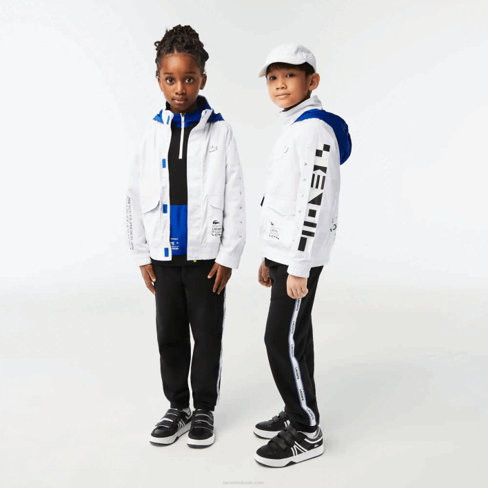 Lacoste Removable Hood Water-Repellent Jacket 646T3240 White Blue Black 9CW Kids