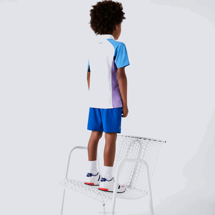 Lacoste SPORT Regular Fit Mesh Detail Tennis Polo 646T3168 White Navy Blue Purple 6HU Boys