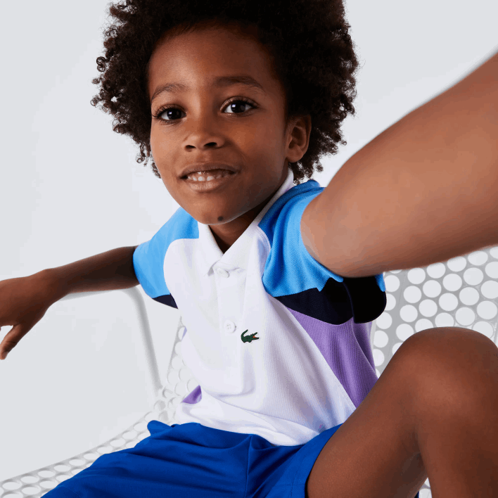 Lacoste SPORT Regular Fit Mesh Detail Tennis Polo 646T3168 White Navy Blue Purple 6HU Boys