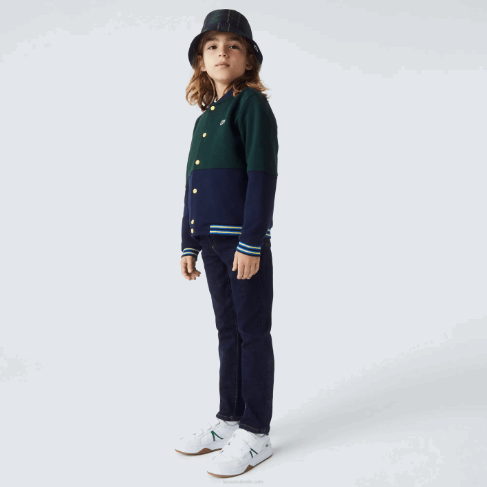 Lacoste Striped Organic Cotton Varsity Jacket 646T3247 Navy Blue Green 7QK Boys