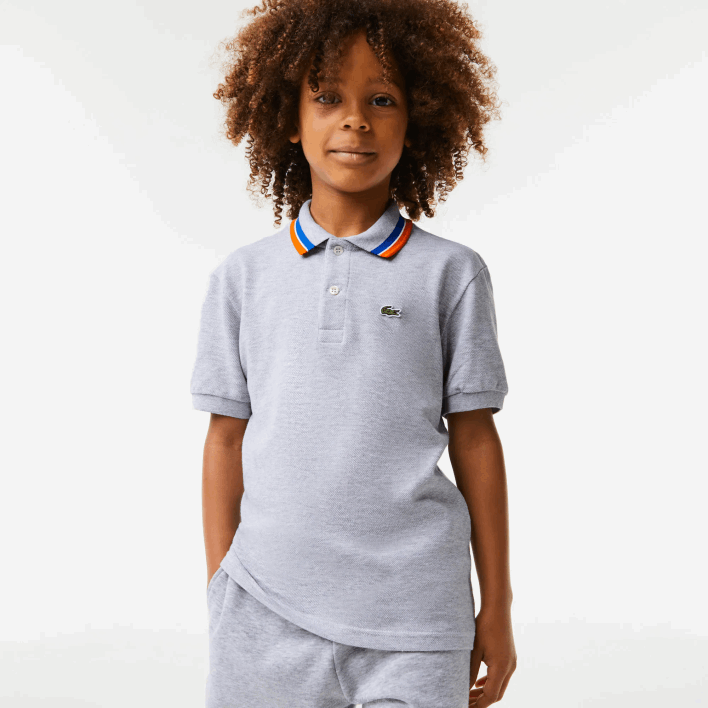 Lacoste Tricolor Collar Cotton Petit Pique Polo 646T2953 Grey Chine White W9D Boys