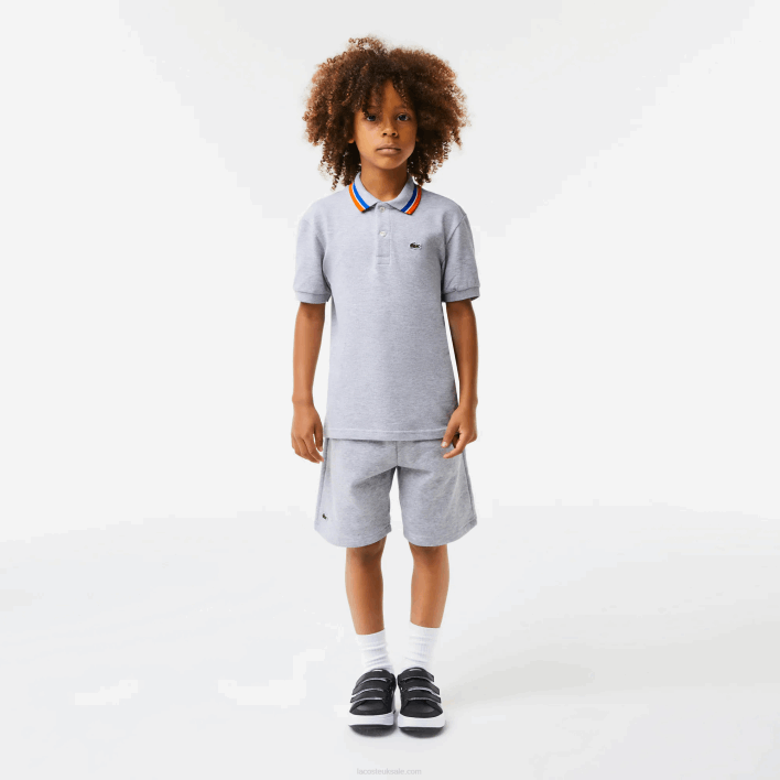 Lacoste Tricolor Collar Cotton Petit Pique Polo 646T2953 Grey Chine White W9D Boys