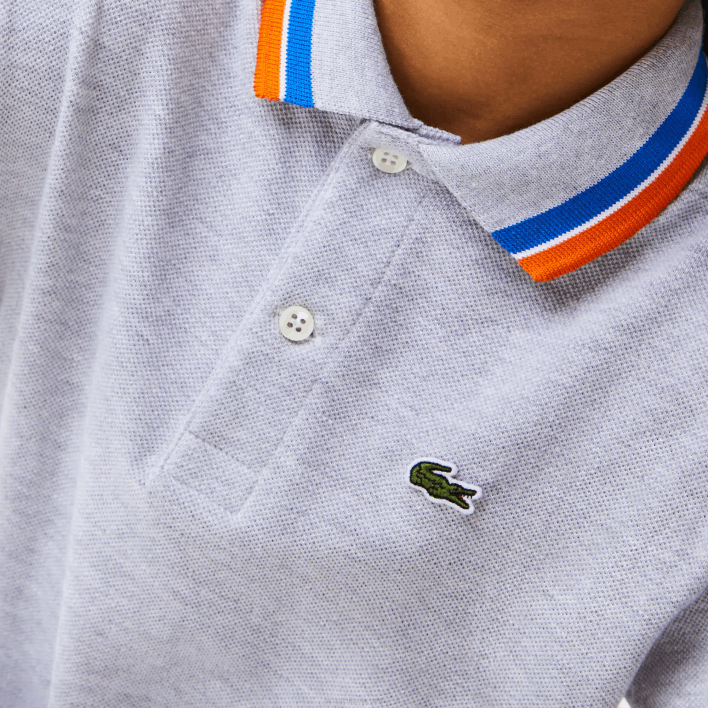 Lacoste Tricolor Collar Cotton Petit Pique Polo 646T2953 Grey Chine White W9D Boys