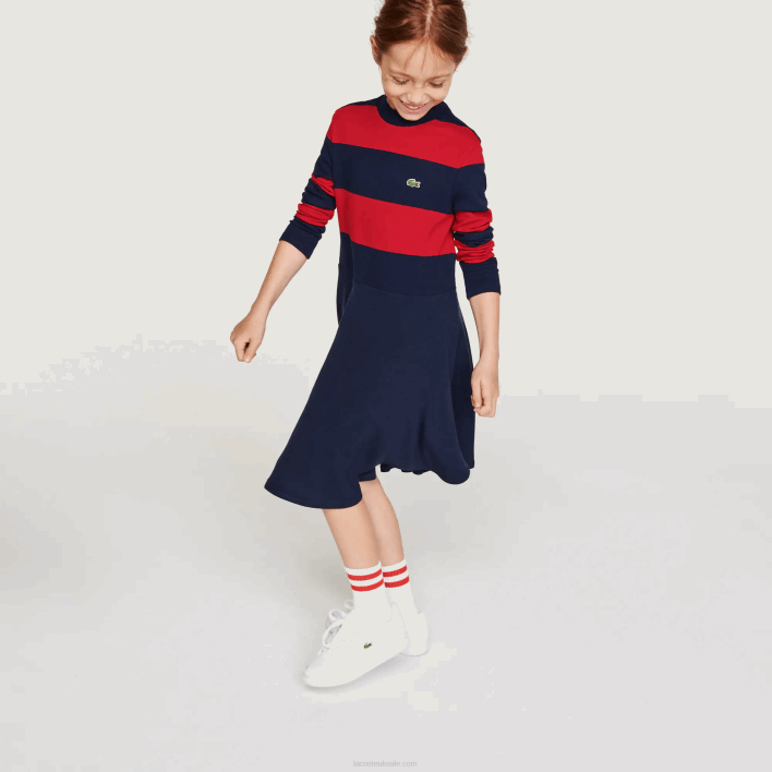 Lacoste Striped Knit Turtleneck Sweater 646T3294 Navy Blue Red 0Y4 Girls