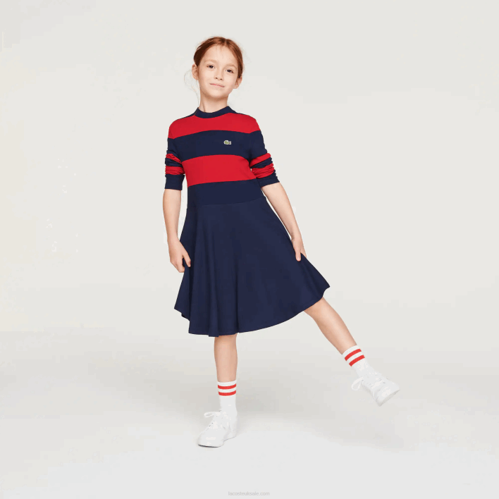 Lacoste Striped Knit Turtleneck Sweater 646T3294 Navy Blue Red 0Y4 Girls