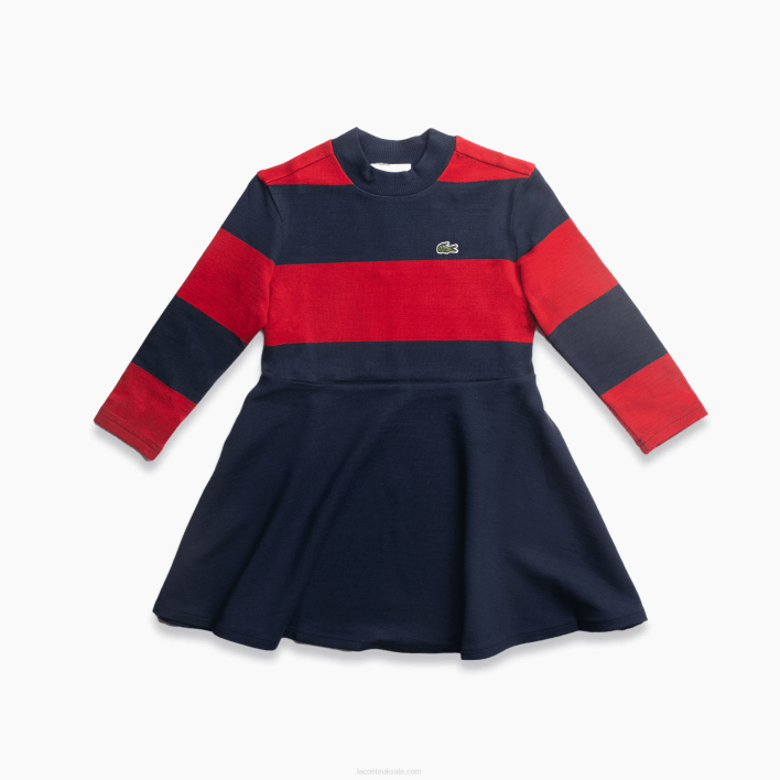 Lacoste Striped Knit Turtleneck Sweater 646T3294 Navy Blue Red 0Y4 Girls
