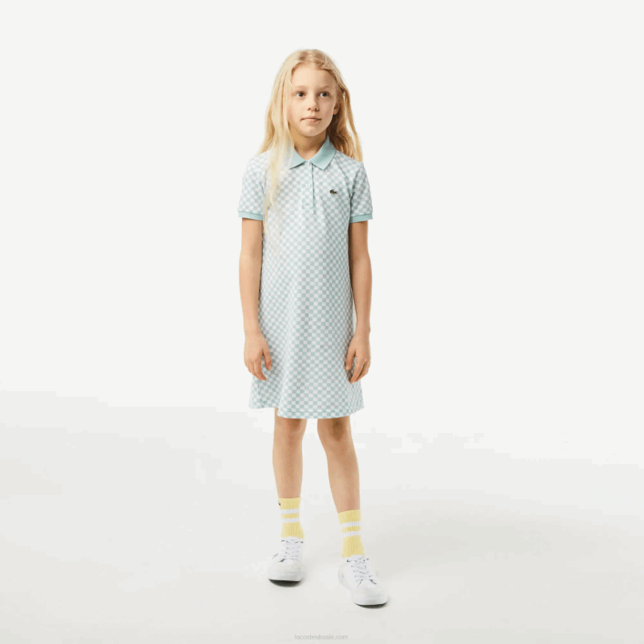 Lacoste Check Print Organic Cotton Polo Dress 646T3092 Light Green White DJ3 Girls