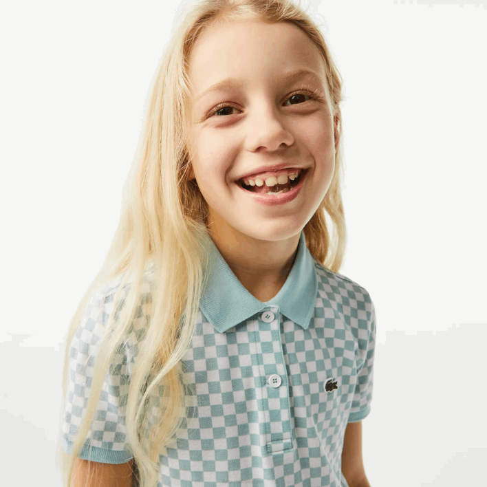 Lacoste Check Print Organic Cotton Polo Dress 646T3092 Light Green White DJ3 Girls