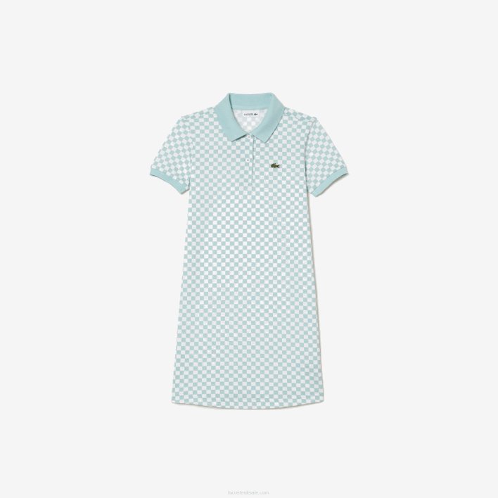 Lacoste Check Print Organic Cotton Polo Dress 646T3092 Light Green White DJ3 Girls