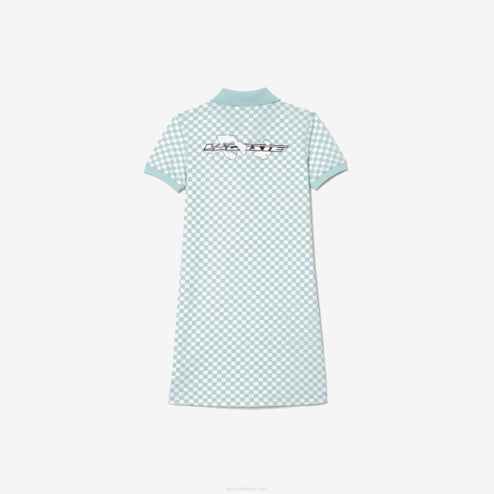 Lacoste Check Print Organic Cotton Polo Dress 646T3092 Light Green White DJ3 Girls