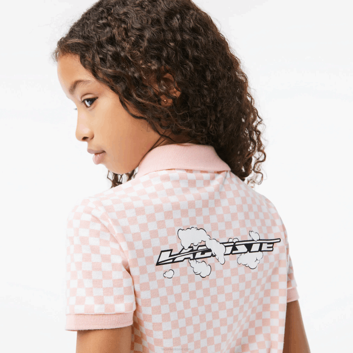 Lacoste Check Print Organic Cotton Polo Dress 646T3093 Pink White NW5 Girls