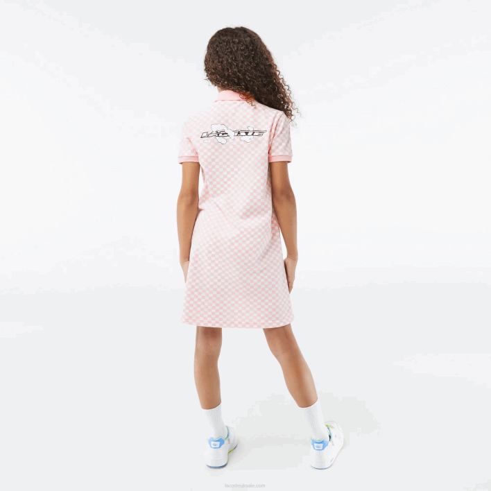 Lacoste Check Print Organic Cotton Polo Dress 646T3093 Pink White NW5 Girls