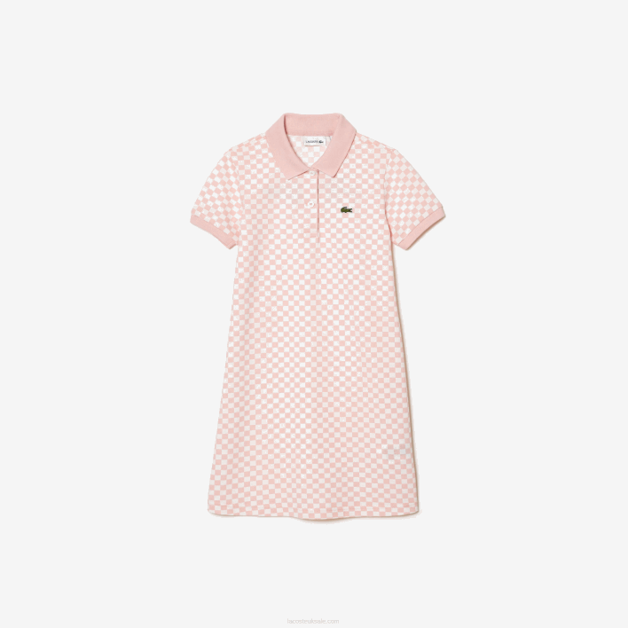 Lacoste Check Print Organic Cotton Polo Dress 646T3093 Pink White NW5 Girls