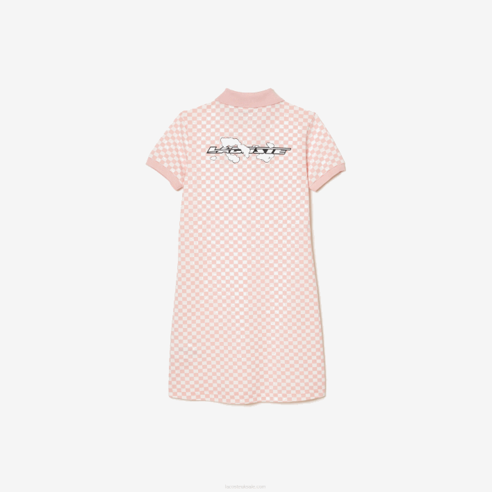 Lacoste Check Print Organic Cotton Polo Dress 646T3093 Pink White NW5 Girls