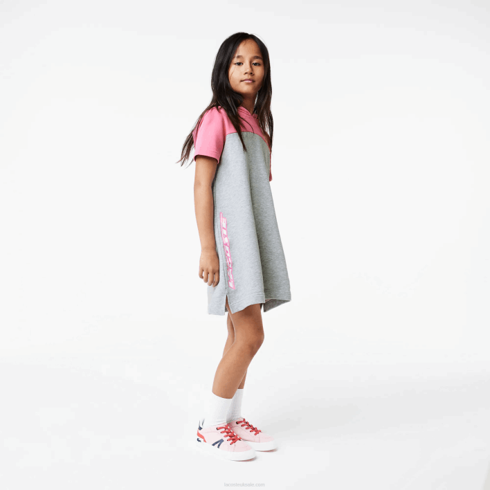 Lacoste Colorblock Hooded Dress in Organic Cotton 646T3079 Grey Chine Pink EW1 Girls