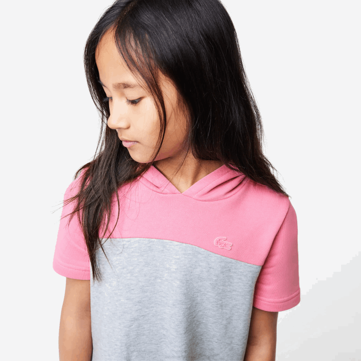 Lacoste Colorblock Hooded Dress in Organic Cotton 646T3079 Grey Chine Pink EW1 Girls