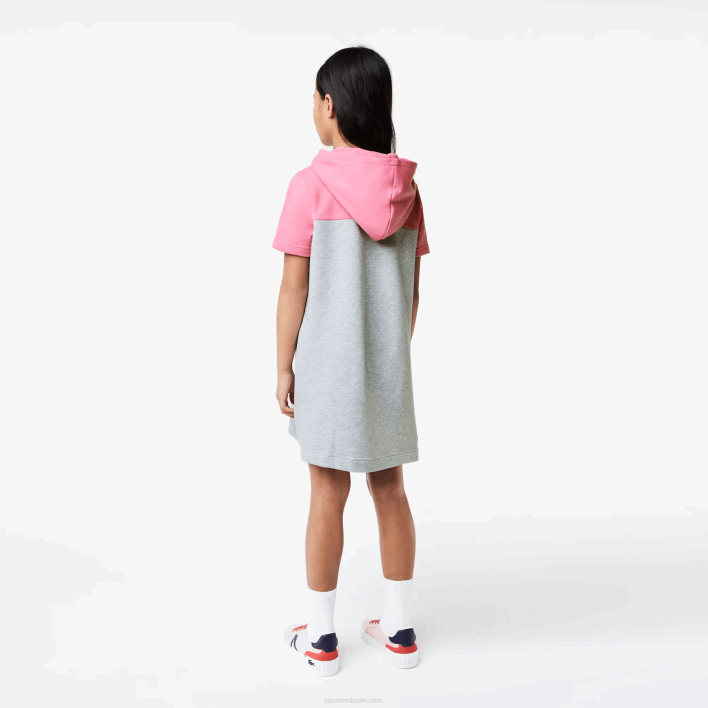 Lacoste Colorblock Hooded Dress in Organic Cotton 646T3079 Grey Chine Pink EW1 Girls