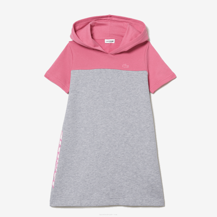 Lacoste Colorblock Hooded Dress in Organic Cotton 646T3079 Grey Chine Pink EW1 Girls