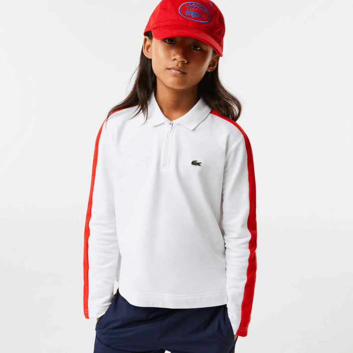 Lacoste Contrast Band Zip Polo 646T3144 White Red 7HU Girls