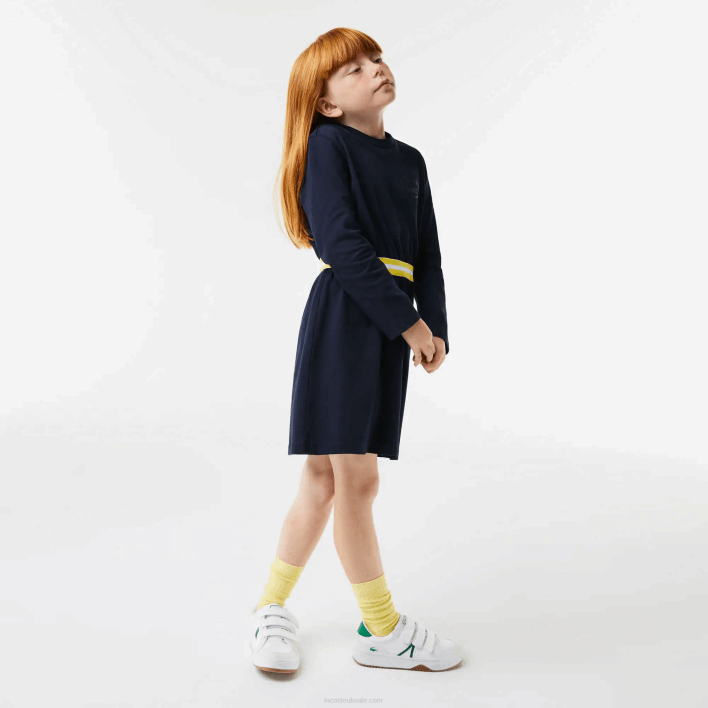 Lacoste Contrast Waist Cotton Jersey Dress 646T3270 Navy Blue 166 Girls