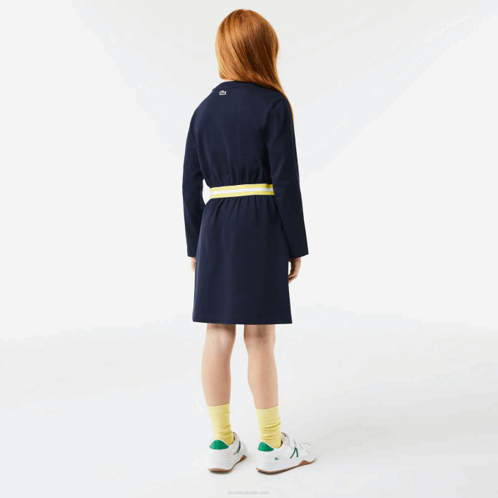 Lacoste Contrast Waist Cotton Jersey Dress 646T3270 Navy Blue 166 Girls