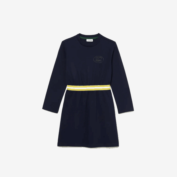 Lacoste Contrast Waist Cotton Jersey Dress 646T3270 Navy Blue 166 Girls