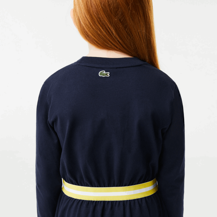 Lacoste Contrast Waist Cotton Jersey Dress 646T3270 Navy Blue 166 Girls