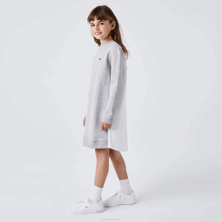 Lacoste Pleated Back Cotton Fleece Dress 646T3286 Grey Chine CCA Girls
