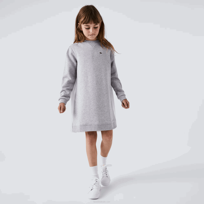 Lacoste Pleated Back Cotton Fleece Dress 646T3286 Grey Chine CCA Girls