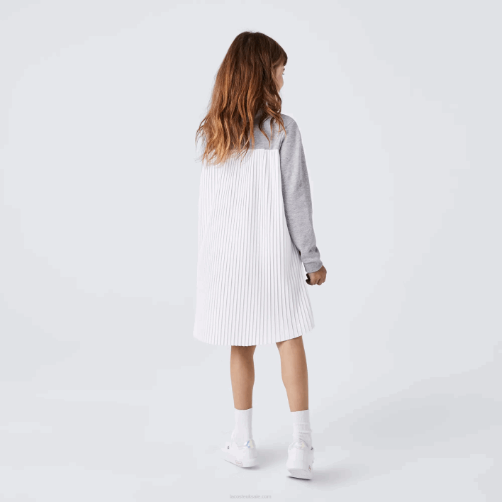 Lacoste Pleated Back Cotton Fleece Dress 646T3286 Grey Chine CCA Girls
