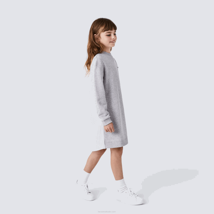Lacoste Pleated Back Cotton Fleece Dress 646T3286 Grey Chine CCA Girls