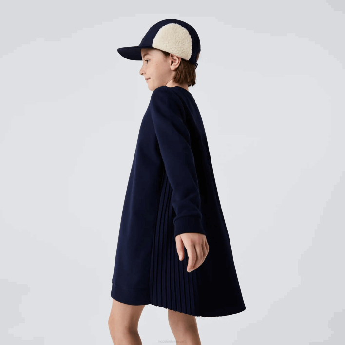 Lacoste Pleated Back Cotton Fleece Dress 646T3287 Navy Blue 166 Girls