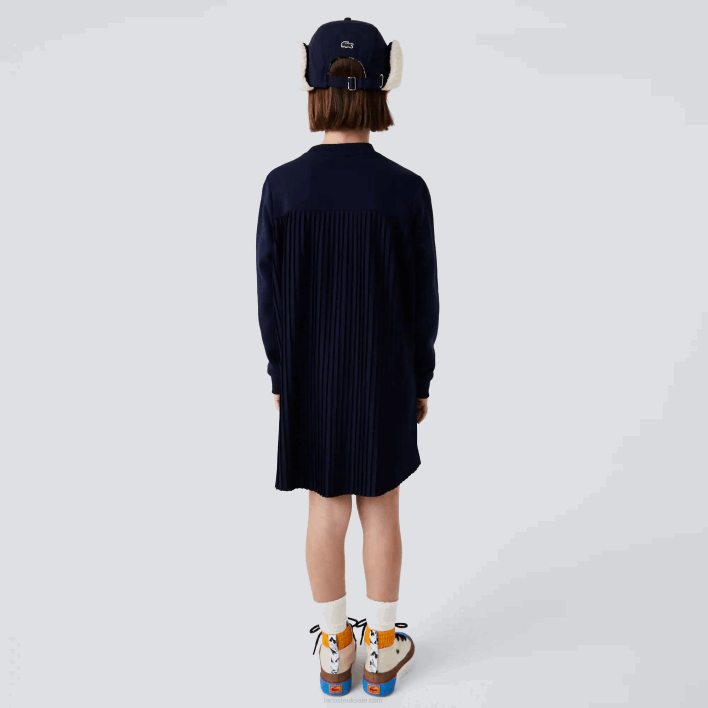 Lacoste Pleated Back Cotton Fleece Dress 646T3287 Navy Blue 166 Girls
