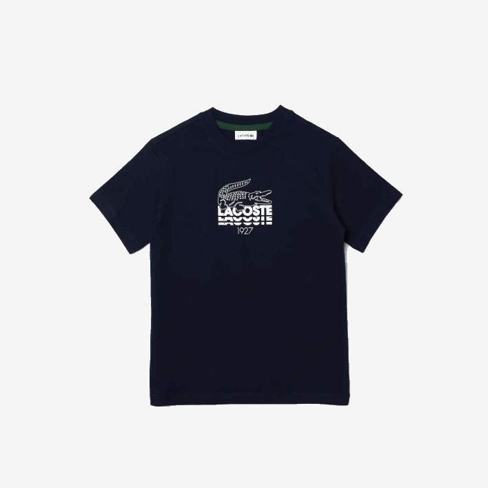 Lacoste Crew Neck Crocodile Lettering Cotton T-Shirt 646T3118 Navy Blue 166 Boys