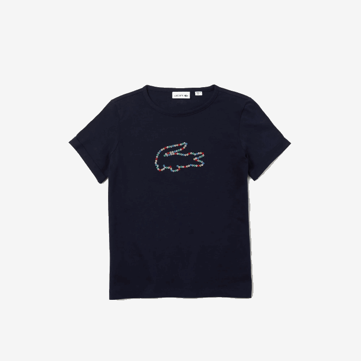 Lacoste Crocodile Crew Neck Cotton T-Shirt 646T3175 Navy Blue 166 Girls