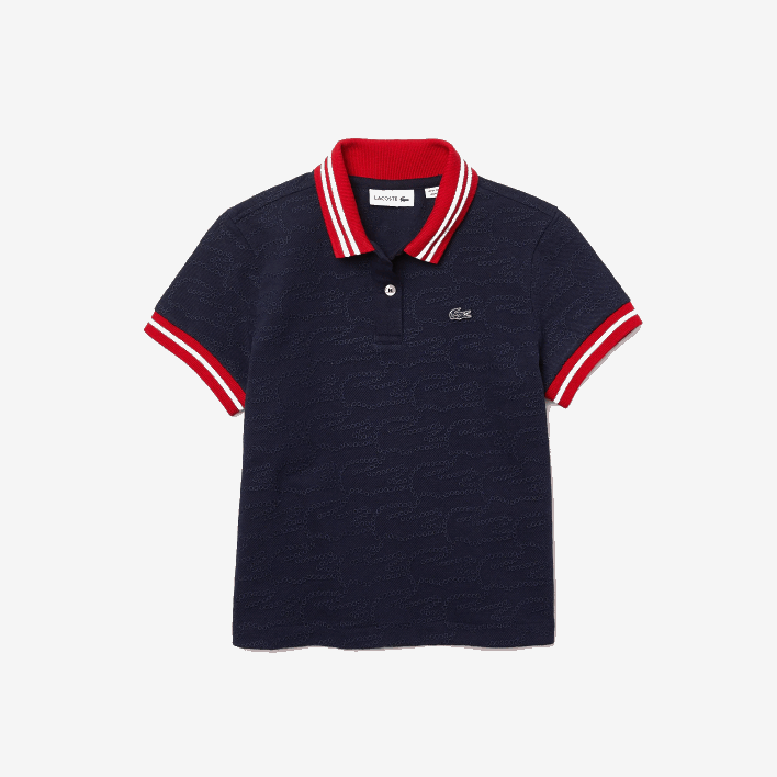 Lacoste Crocodile Embroidery Pique Polo 646T3164 Navy Blue Red White GTF Girls