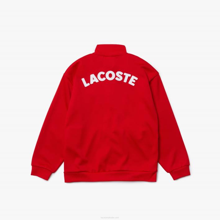 Lacoste Heritage Branded Stand-Up Collar Zippered Fleece Jacket 646T3250 Red White C9U Kids