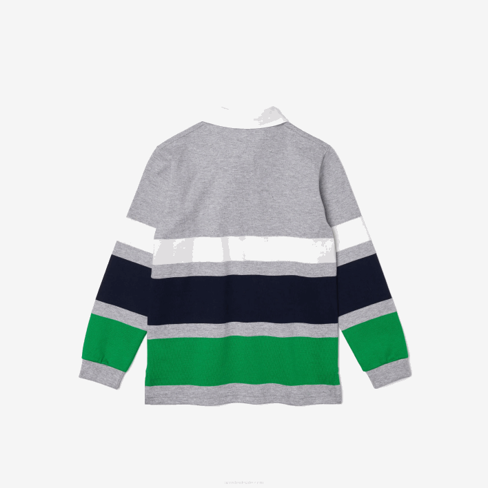 Lacoste Striped Cotton Rugby Regular Fit Polo 646T3151 Grey Chine White Blue Green PWX Boys